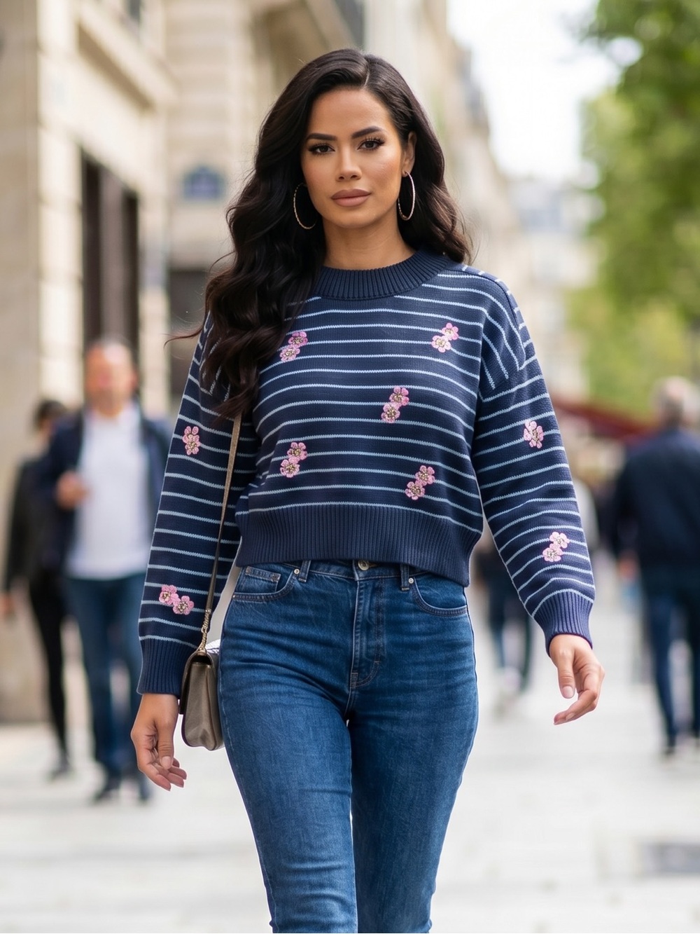 Joseph A Navy Striped Crewneck Sweater with Pink Floral Embroidery